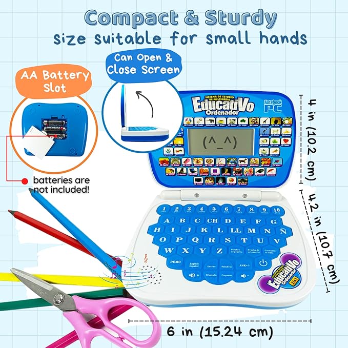 ZEENKIND Spanish & English Small Talking Laptop Toy for Kids 2 3 4 Years Old, Learn Spanish Alphabet Numbers Words Spelling Math, Interactive Bilingual Learning Laptop Toys for Toddlers