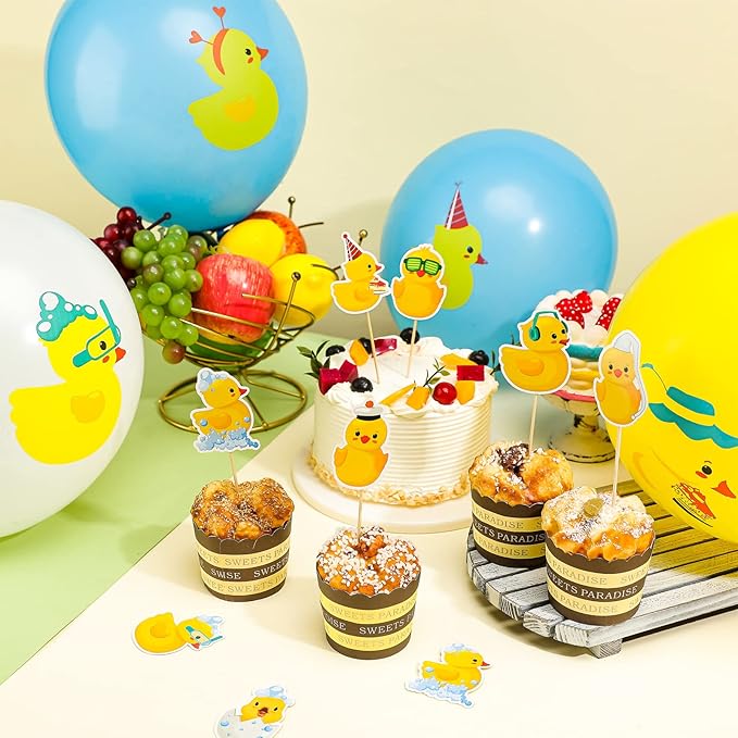 Leitee 57 Pcs Blue Duck Birthday Decorations Balloons Party Happy Birthday Banner Cake Topper Cupcake Toppers Rubber Duck Decor for Birthdays Party Supplies