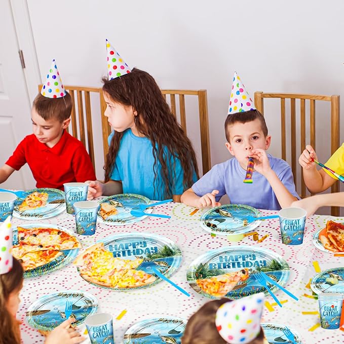 Avezano 192 pcs Fishing Birthday Decorations Fishing Birthday Party Disposable Plates and Napkins Set Fisherman Party Paper Tableware Supplies Serve 24