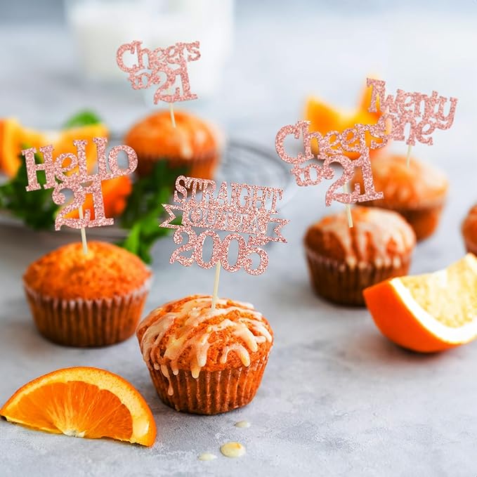 Ephlyn 24Pcs 21st Birthday Cupcake Toppers Glitter Straight Outta 2005 Cupcake Picks Hello 21 Cheers to 21 Years Cake Decorations for 21st Birthday Anniversary Party Decorations Supplies Rose Gold