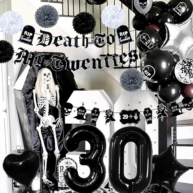 30th Birthday Decorations Pack, Death to My 20s Party Supplies Including Birthday Banner Rip to My 20s Sash Number 30 Balloon Cake Cupcake Toppers Funeral for My Youth Funny Thirtieth Birthday Party