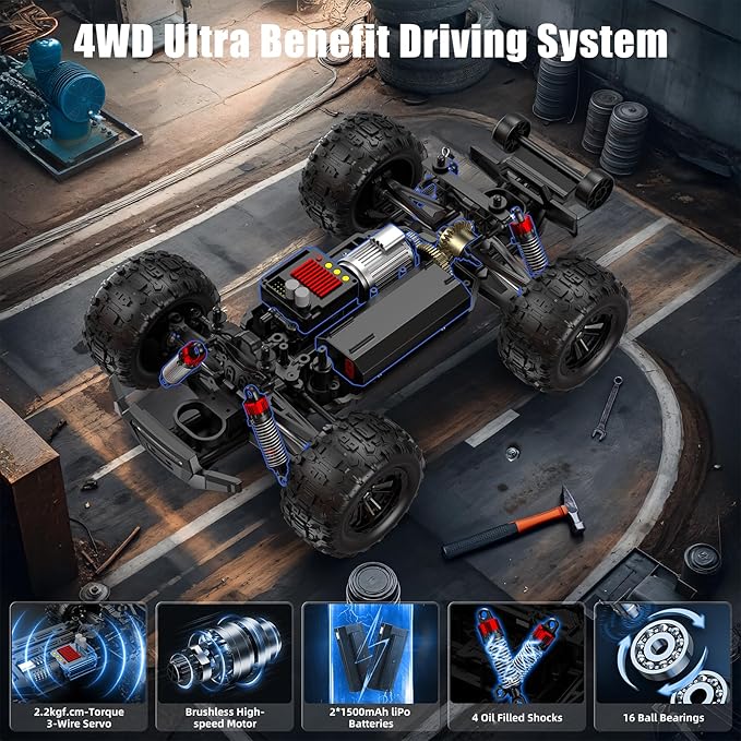 1/16 Brushless Fast RC Cars for Adult, 35Mph High Speed Remote Control Car, Cyber RC Truck, 4x4 Monster Truck Toy, 2.4GHz Remote, All Terrain Off-Road Vehicle, Colorful LED Light, Kids Gift