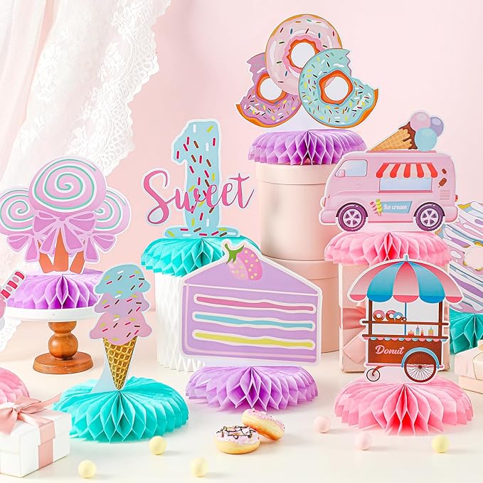 Hotop 9 Pcs Donut 1st Sweet Birthday Party Decorations One Table Honeycomb Centerpieces Table Topper First Doughnut Birthday Sign Decor for Girls Christmas Party Supplies Baby Shower
