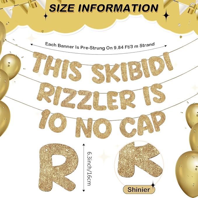 Fulmoon Pre Strung This Skibidi Rizzler Is 10 No Cap Glitter Banner 10th Birthday Party Decorations, Funny Birthday Sign, Party Supplies, Ideas, Gifts (Champagne Gold)