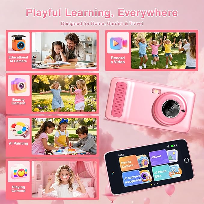 AI Digital Camera for Kids with WiFi, Photo Recognition & Voice Dialogue, 4" Touch Screen AI Kids Smart Camera with Dual Lens, Portable Learning Toy, Christmas Birthday Gift for Ages 3-15 (Pink)