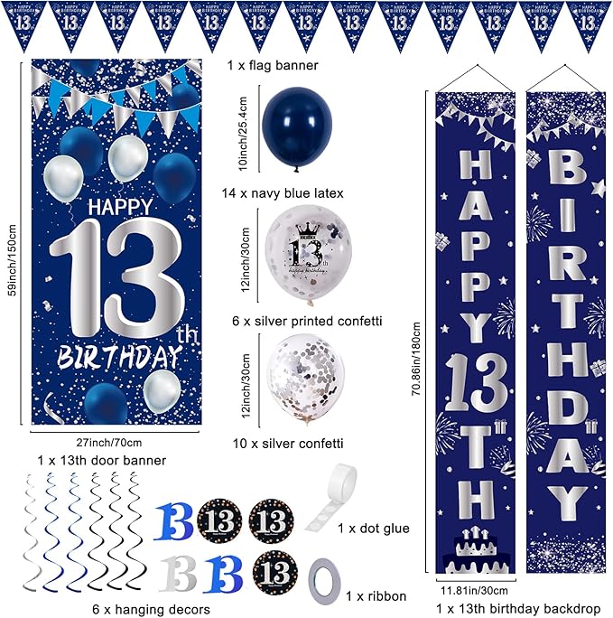 13th Birthday Decorations for Boys Girls, Navy Blue Happy 13th Birthday Door Banner Sign, 13 Years Old Party Supplies Teenagers Bday Backdrop Balloons Hanging Decors