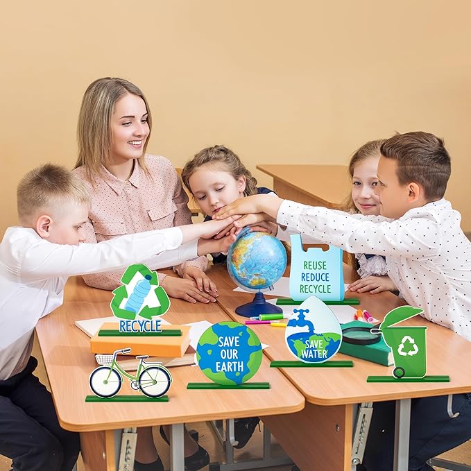6Pcs Earth Day Cute Tiered Tray Decoration Centerpieces, Environmental Protection Wood Sign Recycle Save Water Table Topper Decor Happy Earth Day Supplies for School Home Office Desk Shelf
