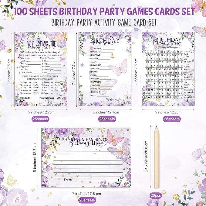 Fumete 100 Pcs Who Knows The Birthday Girl Best Cards with 20 Pre Pointed Pencils Set for 20 Guests, Girls Birthday Night Game Ideas, Girls Her Sleepover Party Supplies, 4 Activities(Butterfly)