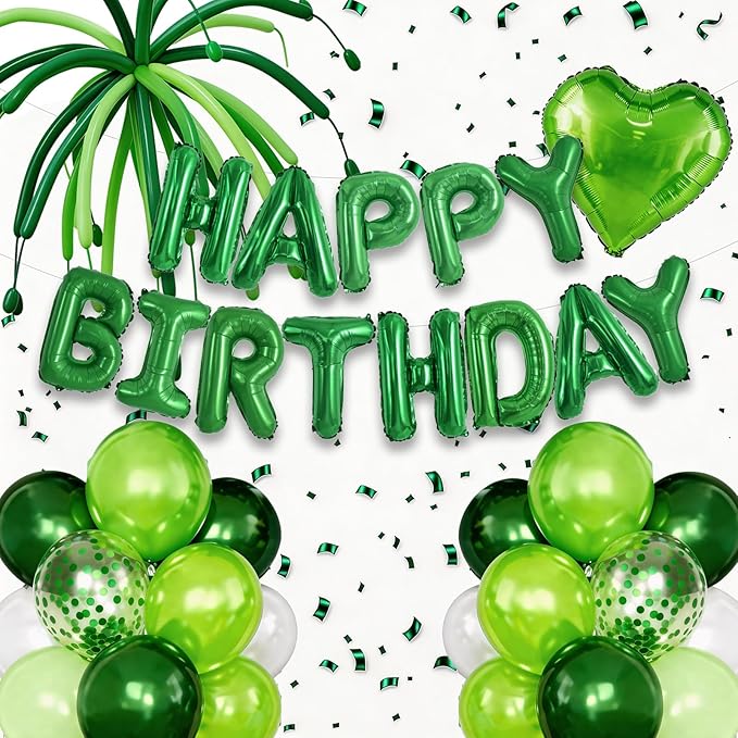 Green Happy Birthday Banner Balloon Aluminum Foil 16in Letter, 12in Latex Balloons, 11.8in Long Balloons, 16in Love Heart Aluminum Foil Balloon, Men, Women, Party Decoration Supplies (Green)
