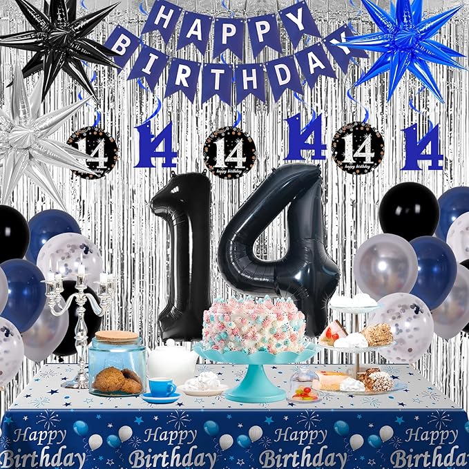 14th Birthday Decorations for Boys and Girls Dark Blue, 14 Party Decorations with HAPPY BIRTHDAY Banner 14 Balloon Number Tablecloth Foil Star Balloons Garland Arch Kit-14 Year Old Party Supplies