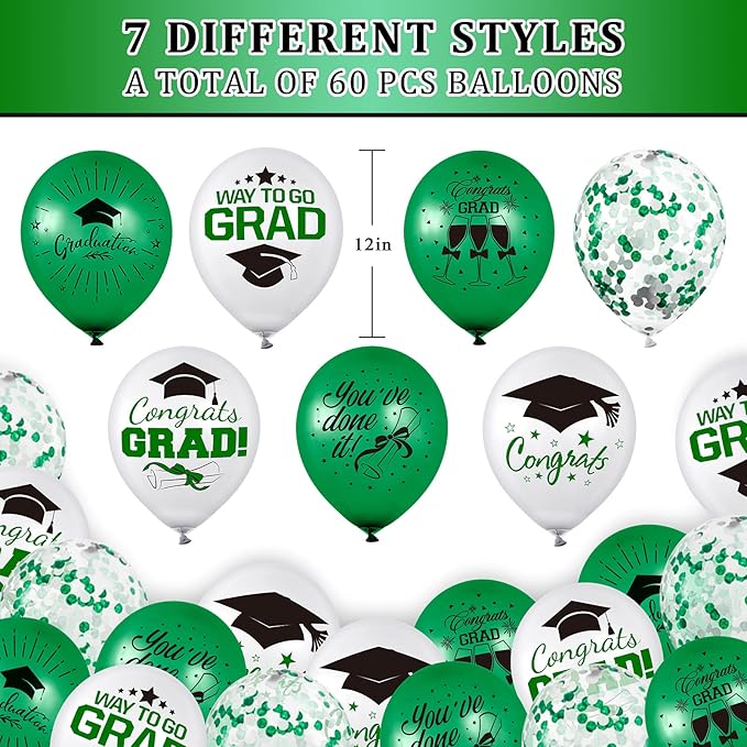 Whaline 60Pcs Graduation Party Balloon Set 7 Designs Green White Confetti Latex Balloon with 2 Rolls Green Ribbon Grad Cap Congrats Grad Balloon for Graduation Party Decoration Supplies