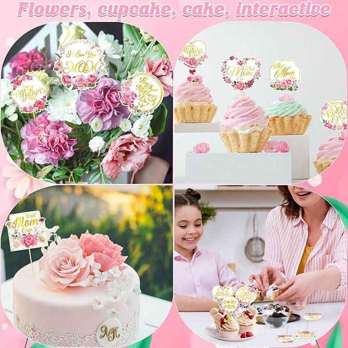 24 Pcs Gold Foil Mothers Day Cake Toppers Set, Happy Mothers Day Topper for Flowers and Cakes, Mothers Day Cake Decor with Glittering Greetings, Mother's Day Cake Picks from Recyclable Paper