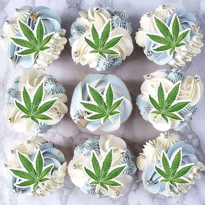 Ercadio 40 Pcs Edible Green Marijuana Cupcake Toppers Have a Dope Birthday Cake Topper Cake Drink Topper Decorations for Men Women Marijuana Them Party Supplies