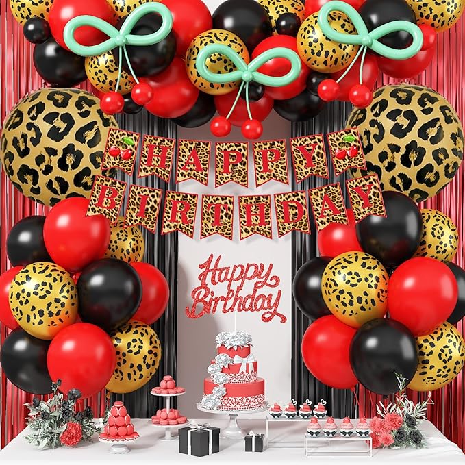 Red Cheetah and Cherry Birthday Decorations, Leopard Brithday Banner Red Black Cheetah Print Balloons Fringe Curtain Cake Toppers for Girls Women Birthday Bachelorette Party Decoration Supplies