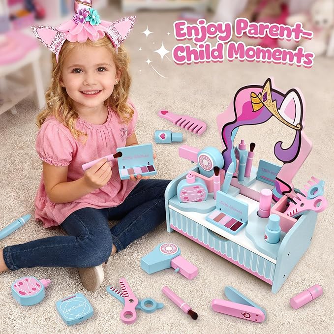 Atoylink Wooden Makeup Vanity Set for Girls, Unicorn Pretend Play Kids Table Toys with Mirror, Drawer, Hair Salon Set & Makeup Accessories, Gift About Princess Dress Up for Toddlers Aged 3, 4, 5-8