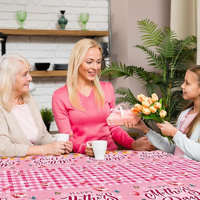 GREHUMOR 3Pcs Happy Mothers Day Tablecloth Mothers Day Party Supplies Pink Mothers Day Floral Flowers Tulip Disposable Rectangle Table Covers for Best Mom Ever Party Table Decorations