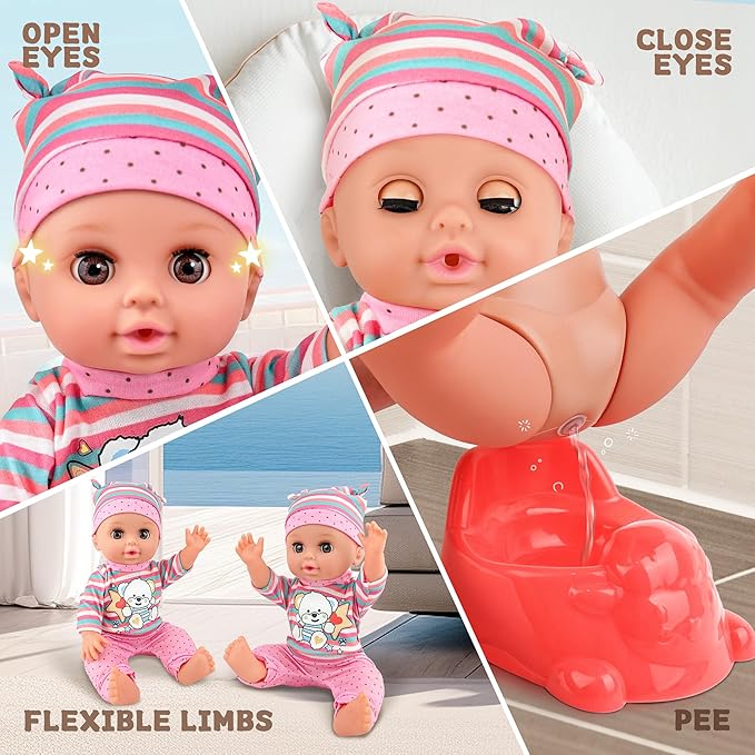 SMILESSKIDDO Baby Doll with Stroller, 14'' Soft Body Dolls with Accessories Includes Foldable Cart, Feeding Playset, Babydoll Pretend Play Toddler Toys Gifts for 1 2 3 4 Year Old