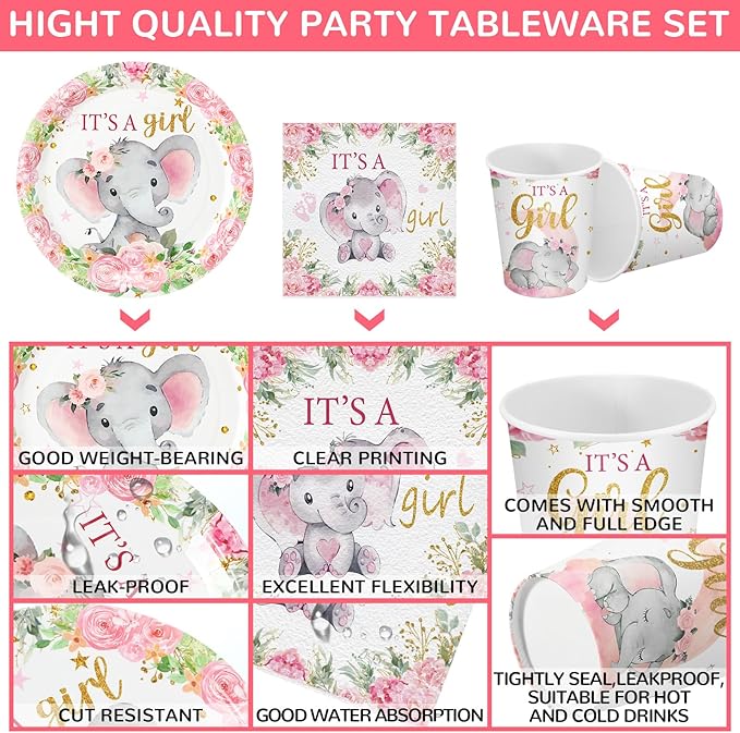 Hushee 200 Pcs Pink Elephant Baby Shower Paper Plates Napkins Cups It's A Girl Baby Shower Party Supplies Tableware Set Pink Disposable Cup Napkin for 50 Guest Spring Party Decoration
