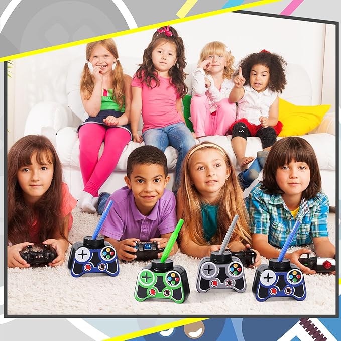 Mifoci 24 Pcs Plastic Video Game Party Cups with Straw and Lid 10oz Gamer Birthday Themed Drink Cups 7th Video Game Party Favors for Kids Toddlers Gamer Birthday Supplies (Gray)