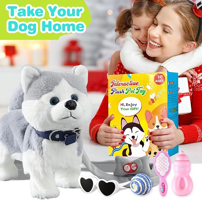 Husky Walking Dog Barking Toy, Musical Singing Dancing Volume Control Interactive Puppy Walk Along with Leash, Wagging Tail Shaking Head, Robot Plush Stuffed Animal Puppy for Kid