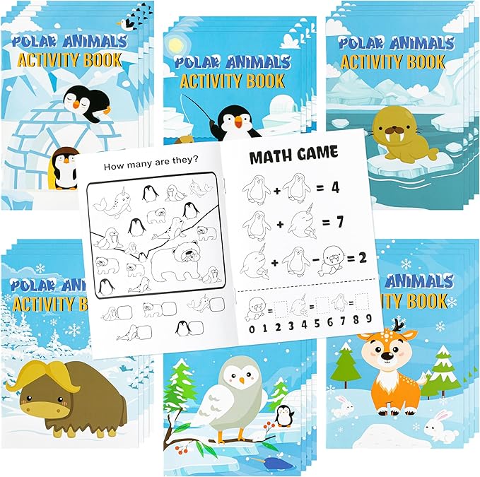 Dvbonike 24Pcs Polar Animals Activity Books for Kids Bulk Winter Mini Fun Games Coloring Book Party Favors Penguin Goodie Bags Stuffers for Christmas Birthday Classroom School Rewards Supplies
