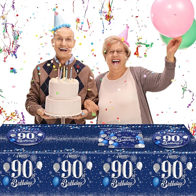 Blue 90th Birthday Decorations for Men Navy Blue Silver Happy 90th Birthday Tableware Set Include Happy 90th Birthday Plates Napkins Tablecloth for 90 Year Old Anniversary 1936 Party Decor Supplies