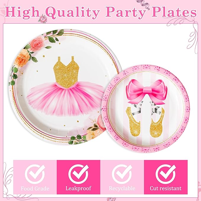 96Pcs Ballerina Ballet Dancing Girl Party Plates Supplies Tableware Decorations Disposable Paper Plates Napkins Forks for Kids Birthday Baby Shower, Serves 24