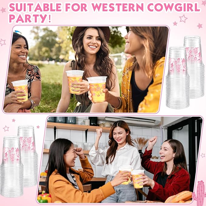 100 Pcs Western Plastic Cups 12 oz Clear Disposable Plastic Cowboy Cowgirl Drinking Cups Bulk for Boho Preppy Baby Shower Birthday Wild West Party Decoration Supplies(Western Cowgirl,Pink)