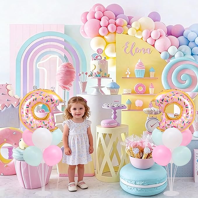 Donut Balloon Table Centerpiece Stand Kit 2 Sets for Table with 2 Doughnut Foil Balloons 14 Latex Pastel Balloons for Donut Party Decorations Pastel Birthday Party Baby Shower Decorations