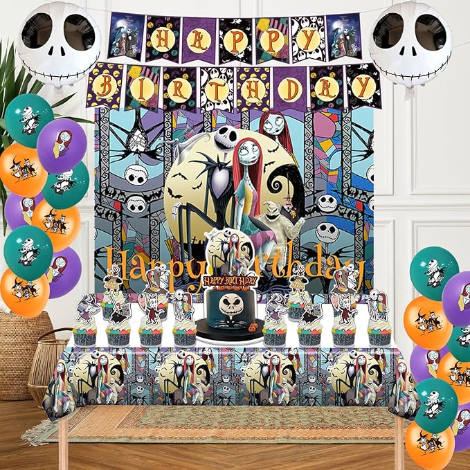 Birthday Decorations, Nightmare Christmas Party Supplies Halloween Birthday Party Decorations Set Includes Banner Balloons Tablecloth Backdrop Hanging Swirls Cake Toppers