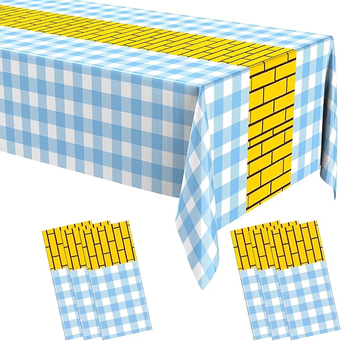 6 Pcs Yellow Brick Runner Tablecloth 54 x 108 Inch Brick Wall Backdrop Waterproof Rectangle Disposable Cover, Princess Decorations Party Supplies for Halloween Cosplay Party (Blue)