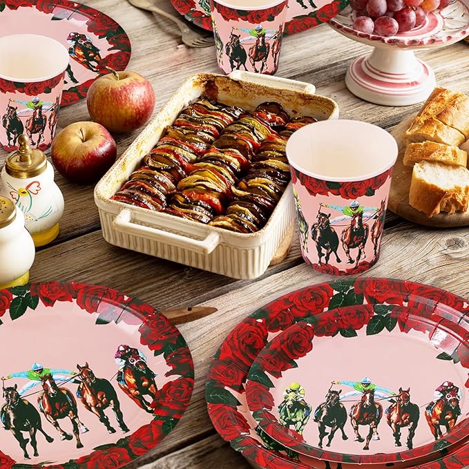 Whaline 96Pcs Derby Day Party Tableware Set with Paper Plates Napkins Cups Horsing Racing Derby Party Disposable Dinnerware Set for Horse Race Party Table Decor