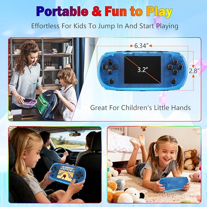 16 Bit 3.2" IPS Large Screen Handheld Game Console for Kids Preloaded 100 Retro Video Games, Portable Gaming System Rechargeable Battery, Mini Travel Electronic Toy Gifts for Boys Girls (Blue)