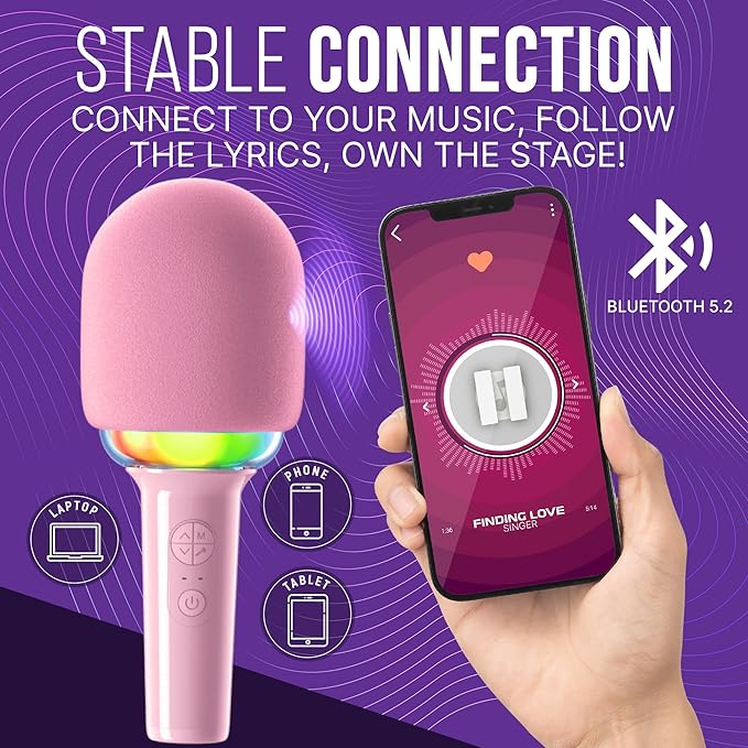 Joomie Pink Kids Microphone for Singing – 4 in 1 Bluetooth Karaoke Portable Microphone Wireless Mic with LED Disco Light, Speaker, Voice Changing, Echo Effect, Birthday Kids Toys Gift for Girls Boys