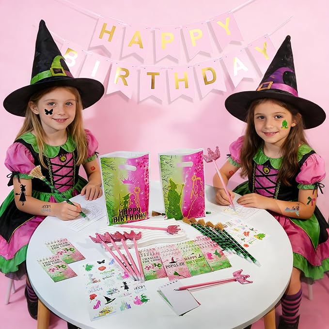 48Pcs Pink and Green Witch Party Favors, Witch Birthday Decorations, Ballpoint Pens, Notebooks, Temporary Tattoo Stickers, Classroom Rewards Student Birthday Gifts Party Supplies