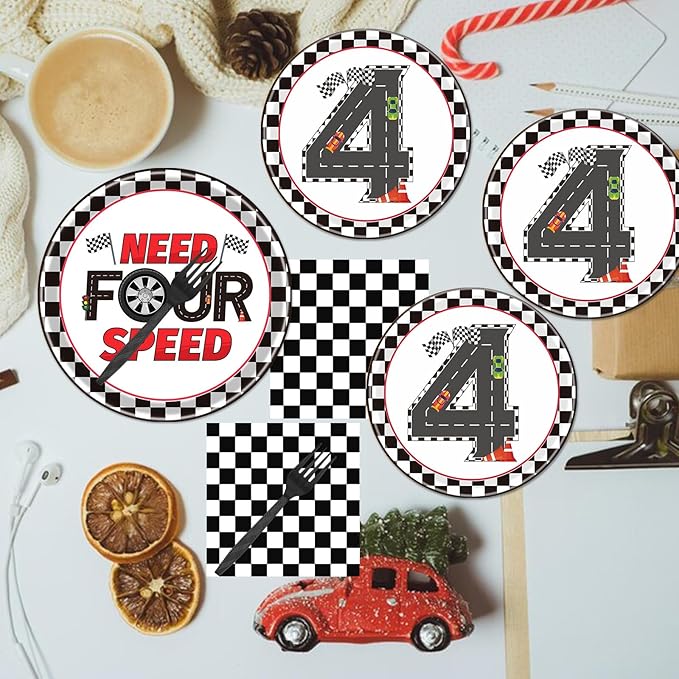 Rakuto Cars 4th Birthday Party Plates and Napkins Set, 96PCS Need Four Speed Birthday Decorations Supplies, Racing Car Fourth Disposable Tableware for Boys