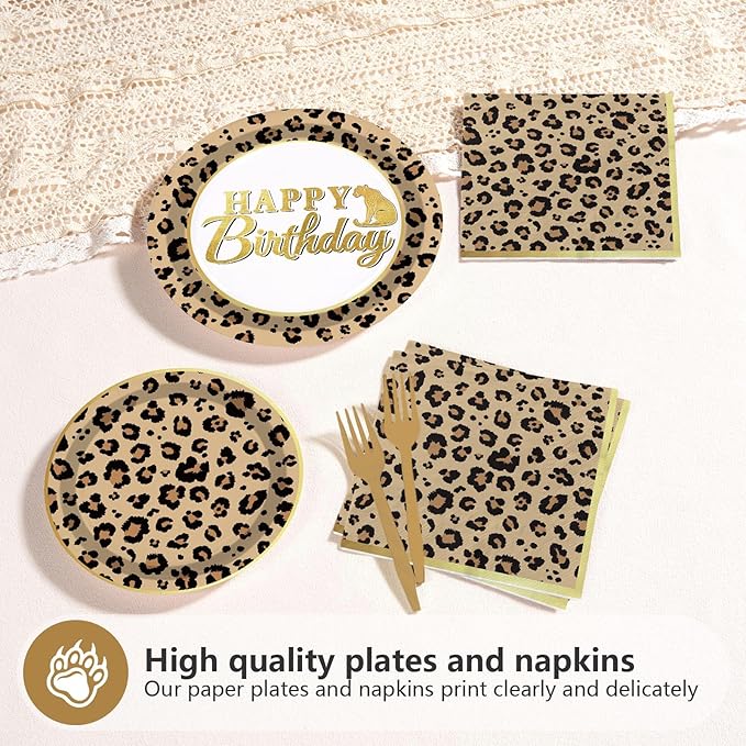 Grencian 96 Pcs Cheetah Print Birthday Decorations Leopard Print Party Supplies Brown Leopard Plates and Napkins Safari Themed Paper Plates for Birthday Jungle Safari Cheetah Theme Party Serves 24