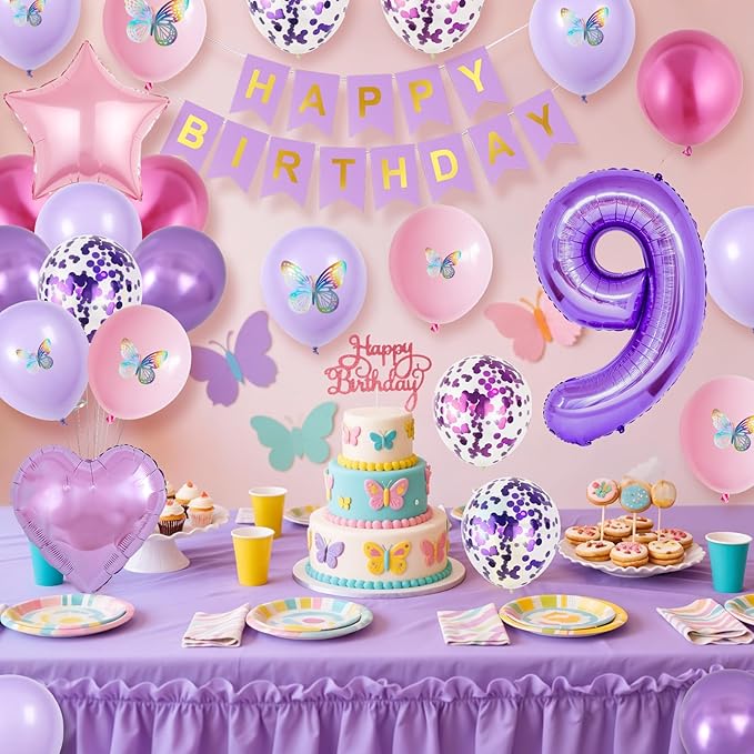 9th Birthday Decorations for Girl,Pink Purple 9th Butterfly Party Decorations 9 Birthday Balloons Pink Purple Banner Number 9 Balloons Cake Topper Butterfly Party Supplies for Girls