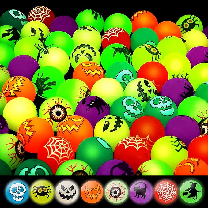 40 Glow in The Dark Bouncing Balls,Halloween Party Favors Supplies ,8 Halloween Theme Designs, Trick or Treating Goodie Bag Filler, School Classroom Game Rewards, Halloween Miniatures (with pouch bag)