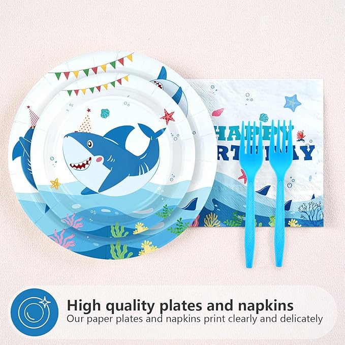 96Pcs Shark 3rd Birthday Party Supplies Blue Ocean Shark Plates and Napkins Under The Sea Tableware Set for Kids 3 Years Old Blue Ocean Theme Birthday Party Supplies，Serves 24