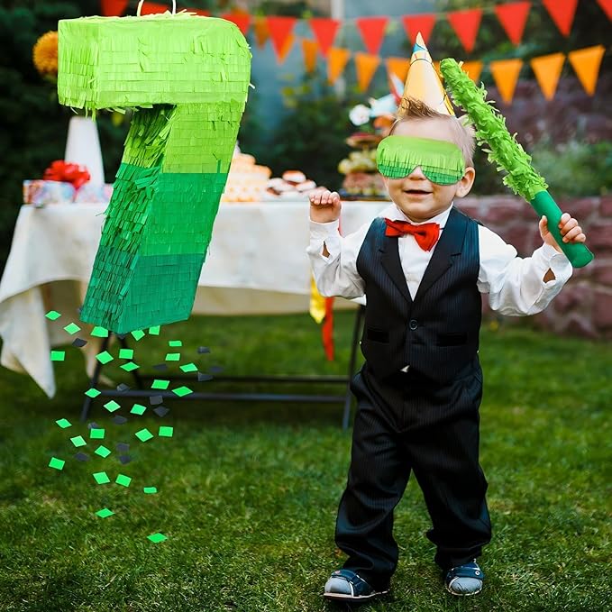 Number Piñata Decorations 16 Inch Gradient Green Piñata with Blindfold Stick and Confetti for Birthday Baby Shower Safari Jungle Themed Party Supplies Centerpiece(Number 7)