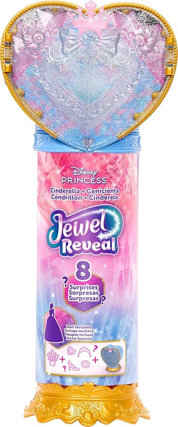 Mattel Disney Princess Cinderella Fashion Doll & Accessories with 8 Surprises, Including Heart Gem Box, Ring for Child & 9 Pieces, Inspired by Movie