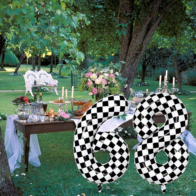 40 Inch Black and White Checkered 0 Balloon, Foil Number 0 Balloons Decor, Giant Self Inflating Helium 0 Racing Balloons for Boys Girls Birthday Race Car Flag Baby Shower Party Decorations Supplies