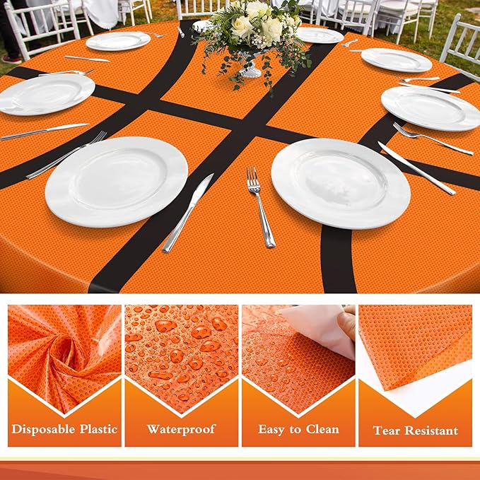 6 Pack Round Basketball Tablecloth 84 Inch Plastic Basketball Party Decorations Disposable Table Cloth Washable Disposable Circle Table Cover for Birthday Party Supplies Decoration