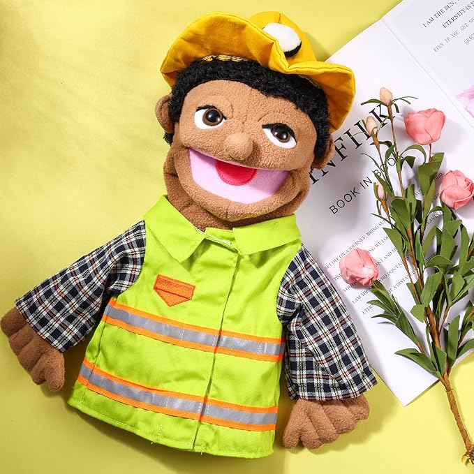 Role Play Hand Puppets Hand Plush Chef Doctor Fireman Pirate Detective Athlete Nurse Worker Hand Puppet Toys Puppets for Kids Storytelling Imaginative Pretend Play Teaching Preschool(Worker)