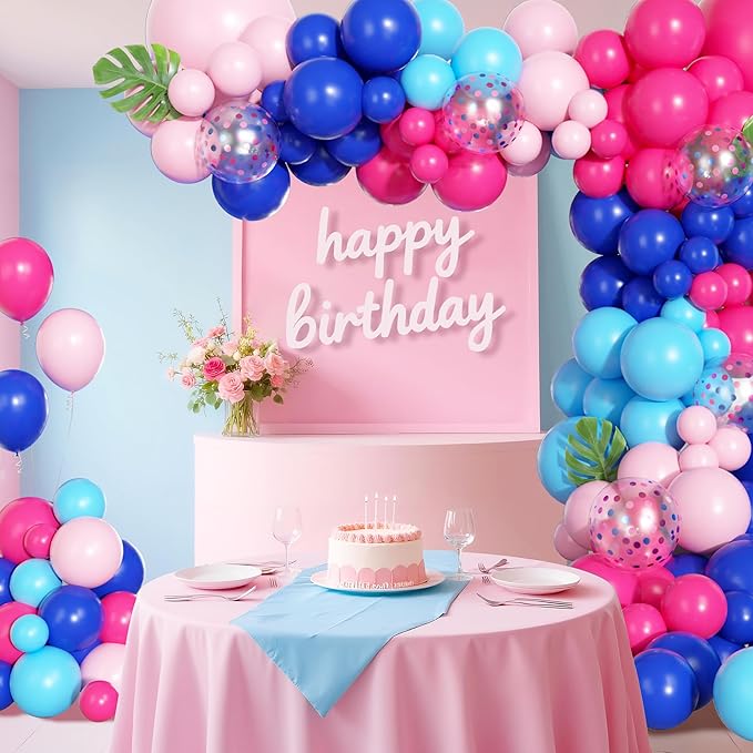170Pcs Blue and Pink Balloons Arch Garland Kit, Royal Light Blue Hot Pink Confetti Balloons for Kid Summer Hawaii Tropical Gender Reveal Baby Shower Cartoon Themed Birthday Party Decorations Supplies