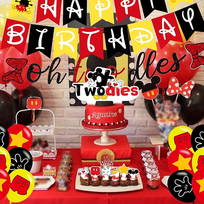 Oh Twodles Banner ,Happy 2nd Birthday Party Decor for Girls Boys - Cartoon Mouse Second 2nd Birthday Theme 2nd Birthday Party Decorations Supplies