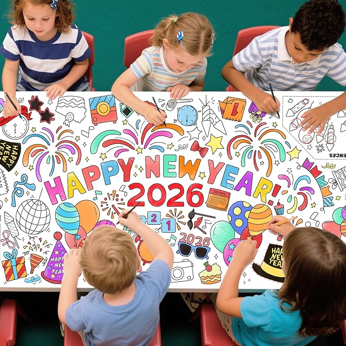 Gatherfun Giant Coloring Poster for Classroom Wall - Versatile 31.5 x 72 Inches Happy New Year Activity Poster/Table Cover, School Parties, Happy New Year Party and Special Events Decoration
