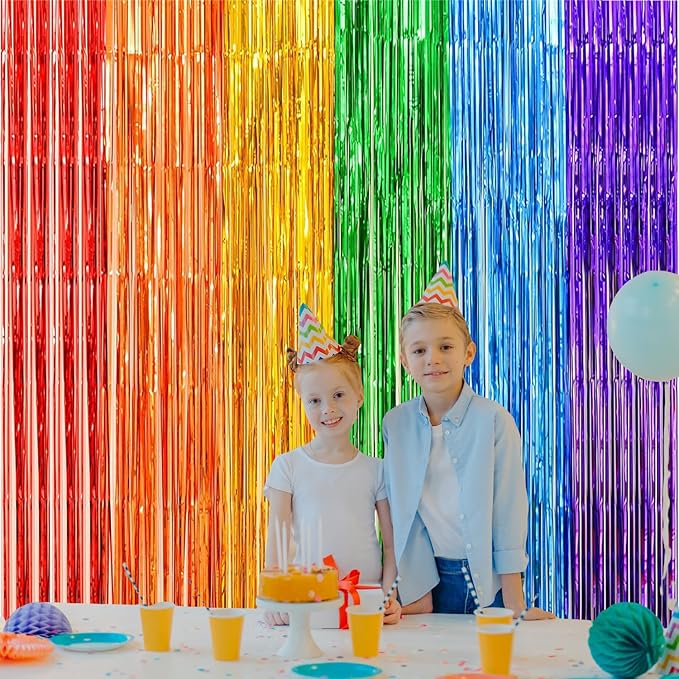 2 Pack Rainbow Foil Fringe Curtains, 3.3x6.6 Ft Metallic Tinsel Backdrop Party Decorations Door Rainbow Streamers for Birthday Wedding Engagement Decor,Photo Booth Props, Party Supplies