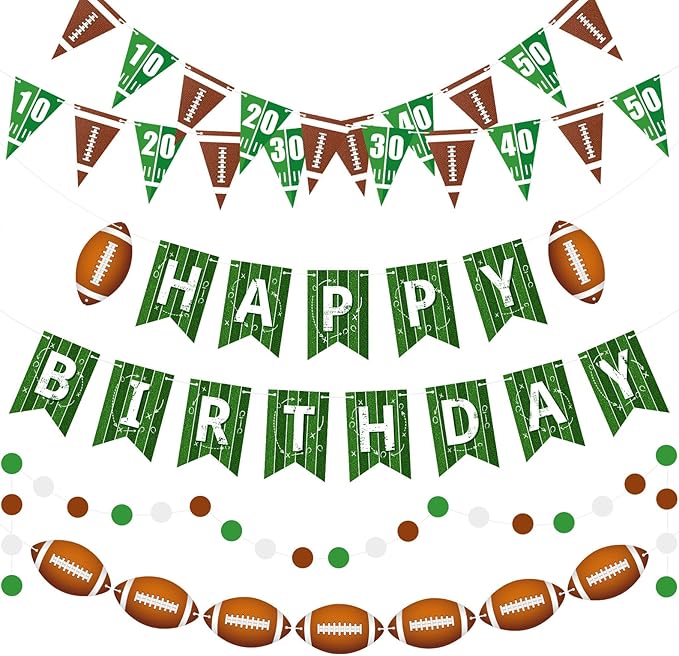 Pasimy 4 Pcs Football Birthday Party Banners Football Pennant Flag Happy Birthday Banner Circle Paper Garland Black Brown White Hanging Decorations Backdrop for Sports Bowl Party Outdoor Indoor